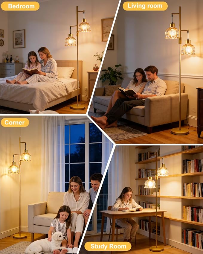 2-Light Modern Glass Floor Lamp, Gold Tall Standing Lamp with Amber Flower Glass Shade for Reading, Dimmable LED Floor Lamp with 5Lbs Heavy Base for Living Room Bedroom Home Decor, Bulb Included