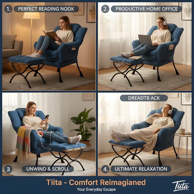 Tiita Lazy Chair with Ottoman, Blue Modern Large Accent Chair, Comfy Leisure Sofa Armchair with Ottoman, Reading Chair with Footrest for Bedroom, Living Room, Dorm Rooms, Blue