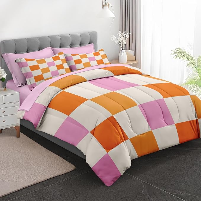 7Pcs Comforter Set Full Size, Pink Orange Plaid Buffalo Checkered, Bed Decor Hippie Retro 70s Geometric Checkerboard Grid Bedroom Bedding Flat Sheet Fitted Sheet Pillowcases Kids and Adults
