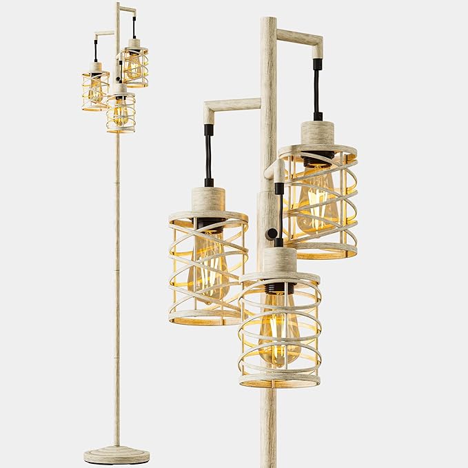 BOBOMOMO 70" Farmhouse Dimmable Floor Lamp, Weathered White Rustic Industrial Metal Cage Standing Lamp with 3 LED Bulbs, Stepless Dimming Tall Tree Lamp for Living Room, Bedroom, Entryway, Corner