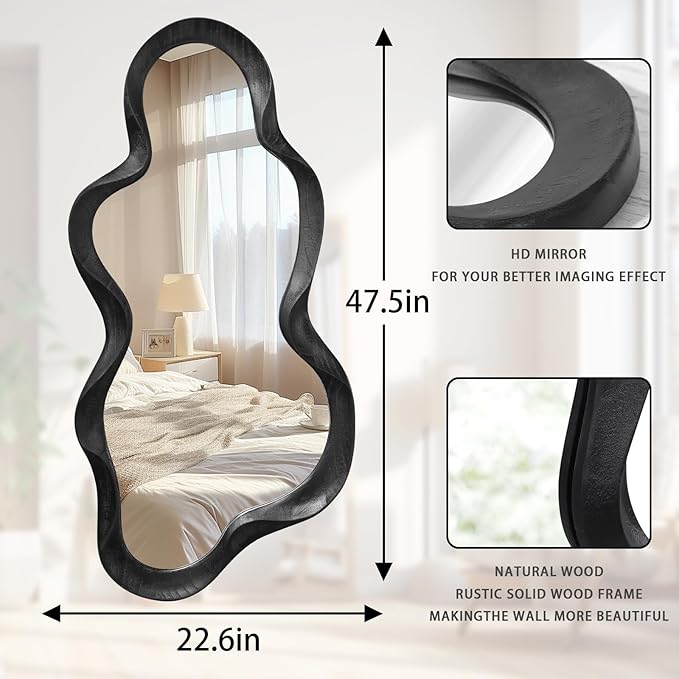 Irregular Wooden Framed Wall Mirror Modern Asymmetrical Cloud Hanging Mirror Artistic Mirror Decor Bathroom Vanity Bedroom Living Room Entryway Hallway Large 47" x 22" Black