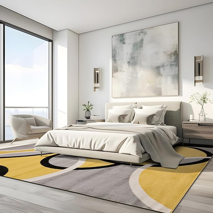 Rugshop Contemporary Abstract Circles Area Rug, Fade-Resistant Carpet for Living Room, Bedroom, or Dining Room, Yellow, 7'10" x 10'2"
