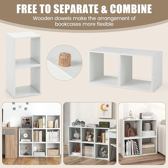 2 Stackable Cubes Bookcase, Wooden Cubby Storage Organizer with Anti-Tipping Device, Small Book Shelf for Small Space, Combination Square Bookshelf Cubes (2, White)