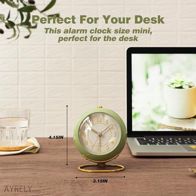 AYRELY® Battery Operated Desk Alarm Clock with Light,Silent No Ticking,Small Table Clock for Bedside/Bedroom/Living Room/Office/Travel/Kids/Room Decor Aesthetic Vintage (Green)