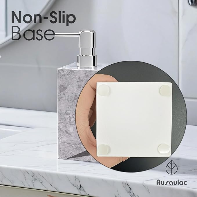 2 Set Real Natural Marble Soap Dispenser with Stainless Steel Pump โ Decorative Liquid Hand Soap Bottle for Kitchen & Bathroom, Compatible with Lotion, Dish Soap & Shower Gel (Grey)