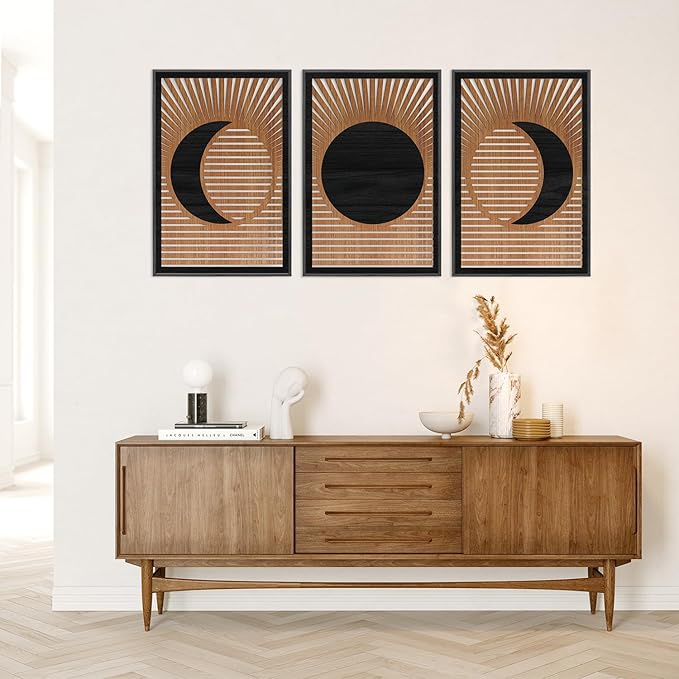 CHDITB Wooden Moon Phase Celestial Framed Wall Decor(Set of 3, 16"x24"), Boho Geometric Moon Appearance Line Art Hollow Laser Cut Decor, Nordic Gothic Minimalist Artwork Wall Sculpture for Living Room Bedroom