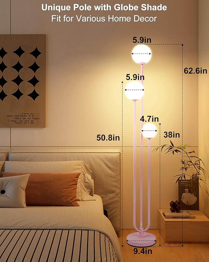 Lightdot 63IN Pink Floor Lamp Mid Century Modern Floor Lamp with 3 Globe 3000K Bulbs Included, 3 Lights U-Style Standing Lamp for Wedding Party/Living Room/Bedroom/Sofa Beside/Corner Decor