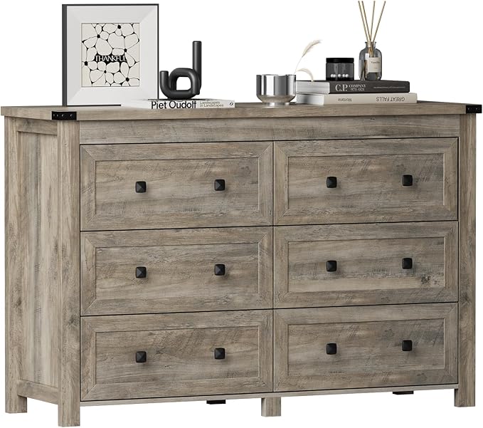 6 Drawer Dresser for Bedroom, Grey Modern Dressers & Chests of Drawers with Metal Handles, Closet Storage Dresser, Storage Cabinet and Organizer with Drawers, Gray