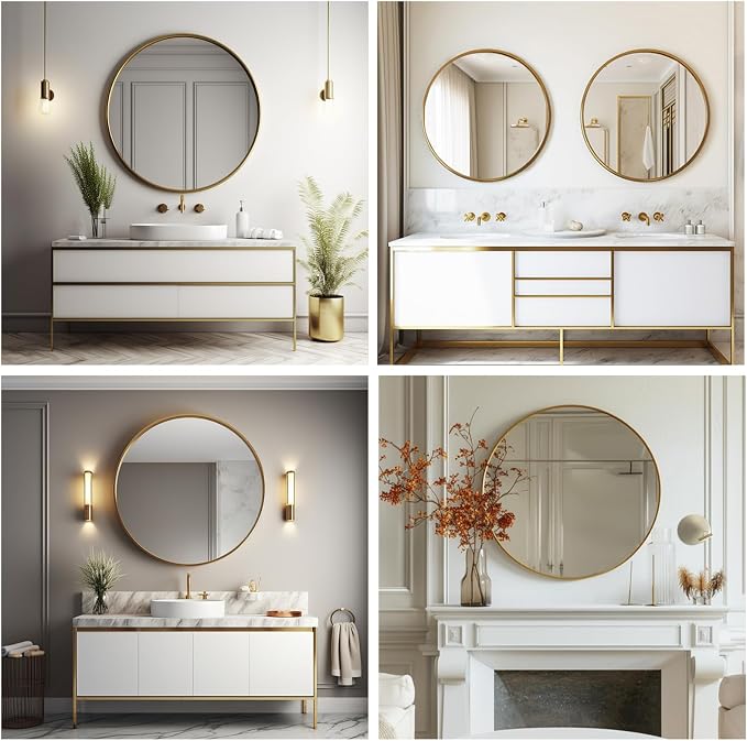 Sunniry Gold Round Mirror, Circle Mirror 26 inch, Gold Circle Mirrors Brushed Metal Frame, Round Mirrors for Wall, Living Room, Bathroom, Entryway, Rustic.