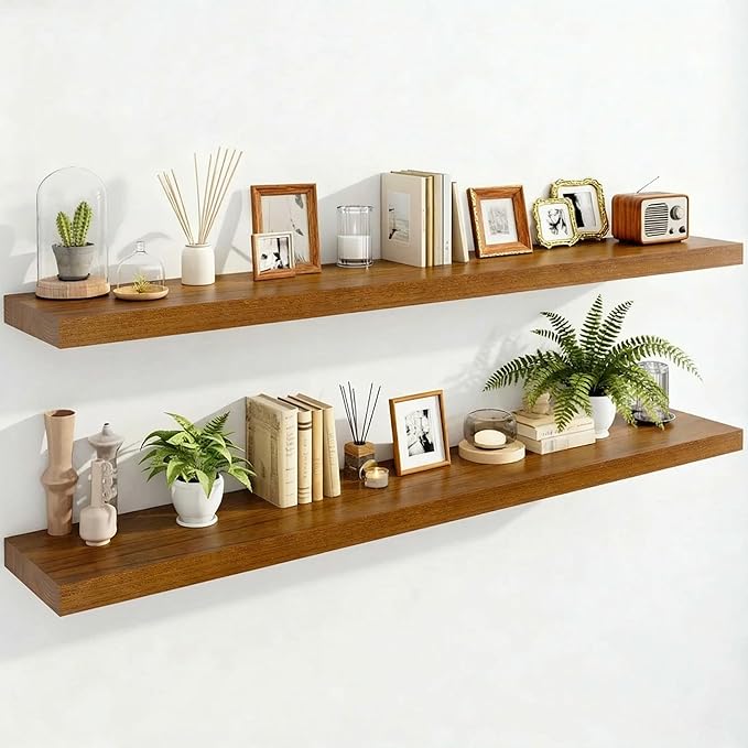 IAE Walnut Floating Wall Shelves 48 inch, Bathroom Shelf Wall Mounted,Invisible Shelving Floating Kitchen Shelf,Wooden Wall Shelves with Brackets for Living Room Wall Mounted,Easy Install,Set of 2