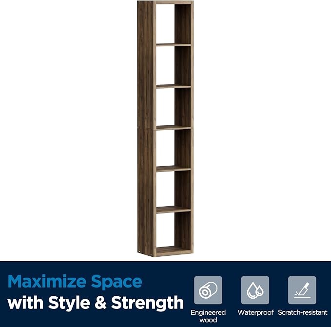 6 Cube Storage Organizer Single Row, Cube Shelf with Heavy-Duty Thick Boards, 13.31" L x 9.37" W x 72.36" H, Smooth Easy-Clean Panels, Simple Assembly, for Living Room Bedroom Office, Brown