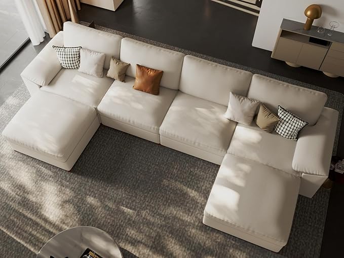 EASE MOOSE Faux Leather Sectional Couch for Living Room,Oversized Sectional Sofa with Deep Seat,Large U Shaped Couch,Modern Comfy Sofa Scratch Resistant Fabric,Beige