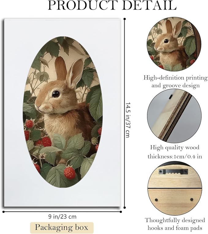 UYIKG Vintage Rabbit Wall Art Decor,Cute Bunny Oval Wall Decor,Rustic Cottagecore Animal Botanical Oval Wooden Framed Decorations for Nursery Kids Room Bedroom Living Room 9x14.6 in