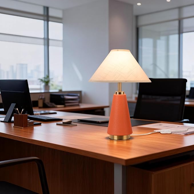 18.11 Inch Mid Century Modern Orange Table Lamp, MCM with Beige Fabric Shade, PU Leather Table Lamp for Kitchen Counter, Bedroom, Nightstand, Desk Lighting, Bookshelf, Living Room, Kids Dorm