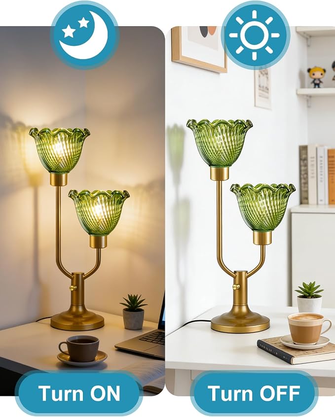 Lightdot Vintage Green Glass Table Lamp for Living Room Dimmable Mid Century Modern Desk Lamp Gold Flower Nightstand Lamp 2 Bulbs Included Warmwhite Ambient Bedside Lamps for Bedroom Home Office Decor