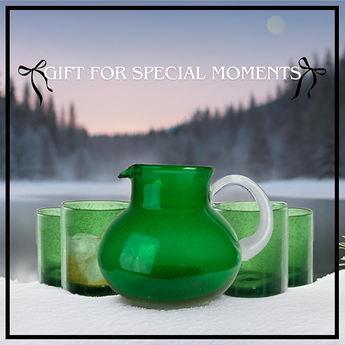 ARTLAND Iris 90oz Handcrafted Pitcher & 14oz Double Old Fashion Glasses (Set of 4) - Lead-Free Bubble Drinkware for Elegant Dining & Serving - Ideal for Water, Cocktails, Juice, Gatherings (Green)