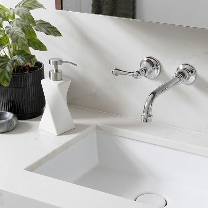 Modern White Hand Soap Dispenser with Stainless Steel Pump for Bathroom Countertop, Dish Soap Dispenser for Kitchen Sink, Contemporary Art Style, Matte Finish, 8.5oz (Arctic White)