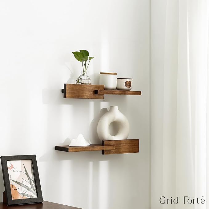 GRID FORTE Wood Floating Shelf Set of 2, 4.5D x 15W Inch Modern Reversible Wall Shelves, Minimalism Wall Mount Hardwood Shelves, Wall Decor for Bedroom Living Room Kitchen (Walnut)
