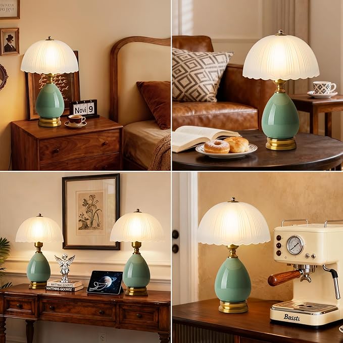 Ceramic Table lamp Set of 2, Modern Bedside Lamps Green Mid Century Vintage Desk Lamp Retro Glass Mushroom Traditional Lamp for Nightstand Living Room Bedroom Home Decor (S04GN-2PACK)