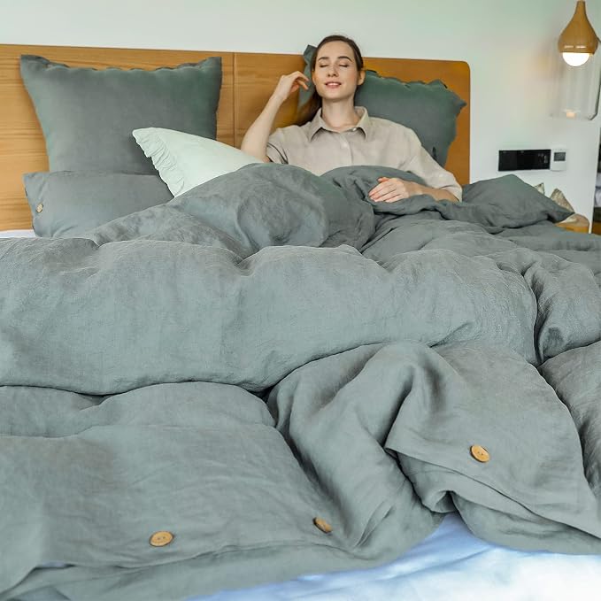 Simple&Opulence 100% Linen Duvet Cover Set 2pcs with Coconut Button Closure Natural French Washed Flax Solid Color Soft Breathable Farmhouse Bedding - Cushing Green, Twin Size