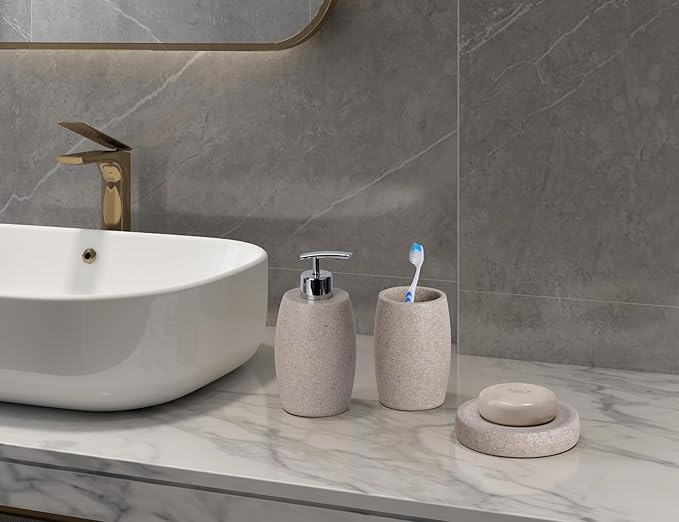 Beige Bathroom Accessories Set 3 PC, Resin Sandstone Look Soap Dispenser, Toothbrush Cup, Soap Dish, Bathroom Soap Dispenser Set for Home Decor and Kitchen