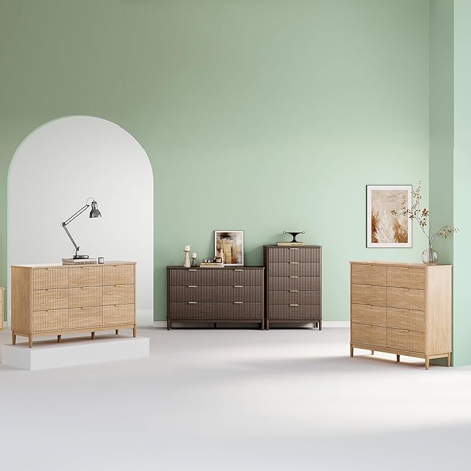 LINSY Fluted 6 Drawer Dresser for Bedroom, 54" Wide Mid-Century Modern Tall Chest of Drawers, Curved Corner Design, Storage Dressers with Deep Drawers, Large Accent Wood Cabinet for Bedroom, Walnut