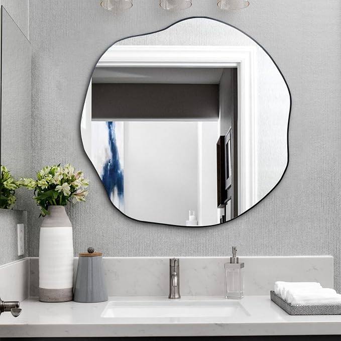 POZINO Scalloped Irregular Mirror, 35" Asymmetrical Decorative Accent Mirror for Wall, Organic Shape Frameless Mirrors for Entryway Living Room Bedroom, Horizontal or Vertical Hanging