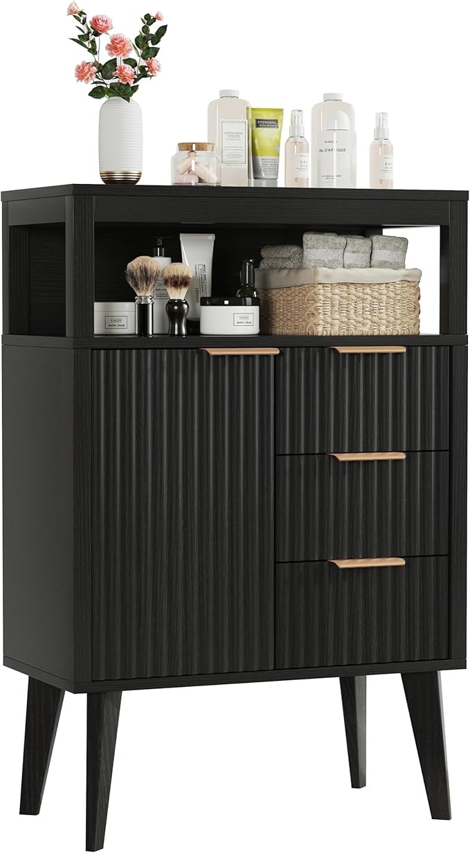 Black Bathroom Floor Cabinet with 3 Fluted Drawers & Door, Modern Storage Sideboard with Open Shelf, Coffee Bar Station for Living Room, Entryway, 23.6 x 11.8 x 34.6 Inches