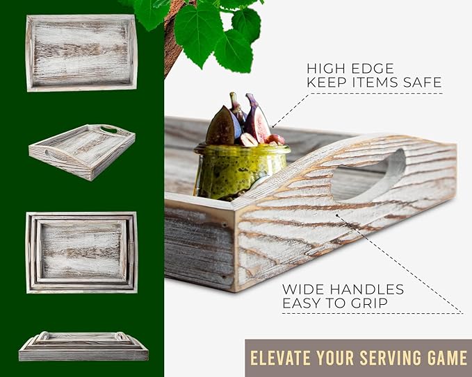 Comfify Serving Trays Set of 3 - Ottoman Wood Trays for Entertainment, Food and Decor - Rustic Farmhouse Distressed Wood Finish - Rustic White