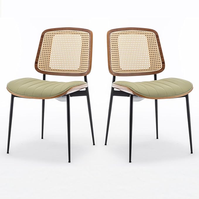 LUNLING Dining Chairs Set of 2 Mid Century Modern Retro Faux Leather Kitchen Chairs with Walnut Bentwood Upholstered Seat Metal Legs Adjustable Foot for Kitchen Dining Room Chairs(LightGreen)