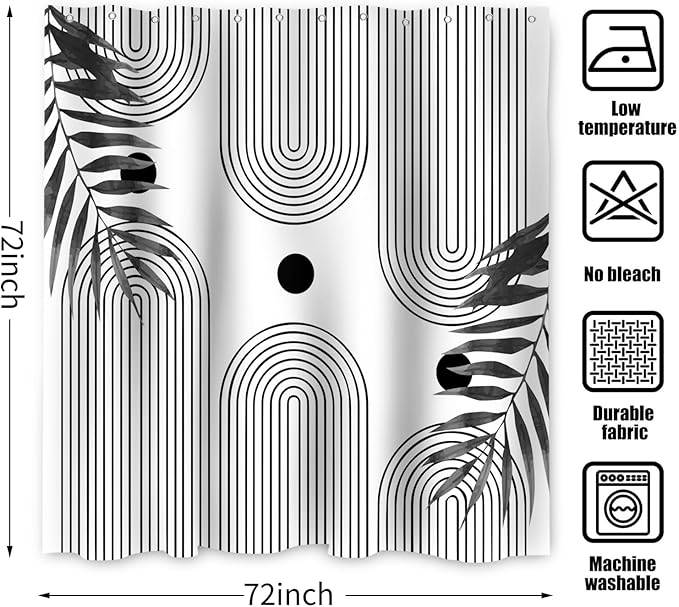 Boho Mid Century Modern Shower Curtain, Abstract Arch Leaf Minimalist Sun Black and White Machine Washable Waterproof for Bathroom Bathtub with Hooks 72x72