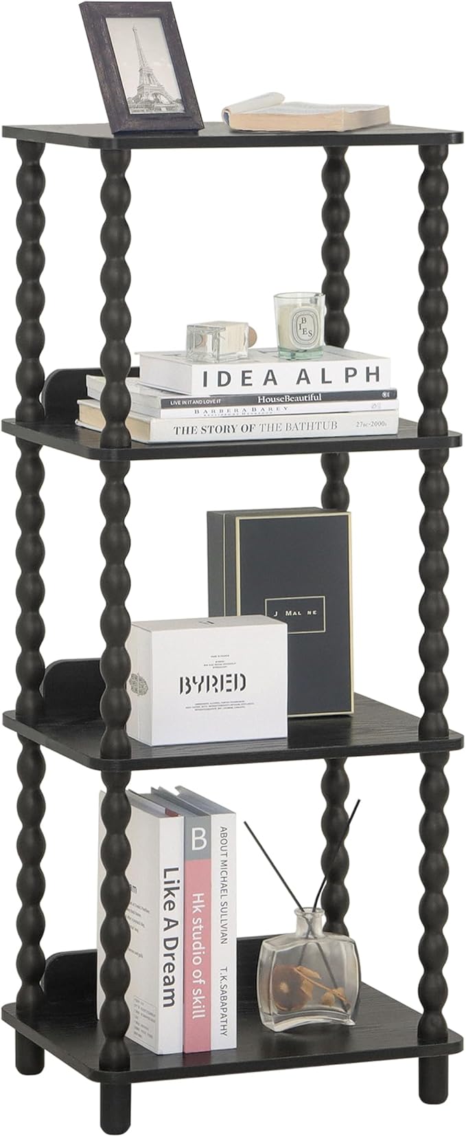 Fultyle Book Shelf, 4-Tier Bookshelf with Storage, Small Bookcase Display Shelves with Solid Wood Legs for Bedroom, Living Room, Office and Small Spaces (Black)