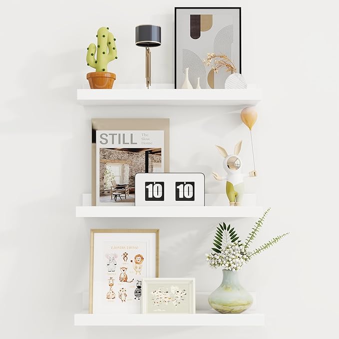 Axeman Picture Ledge Shelf | 16 Inch White Floating Shelves Set of 3 | Rustic Wood Wall Shelves with Lip | 16" White Picture Shelf for Wall with Ledge | Photo Shelves