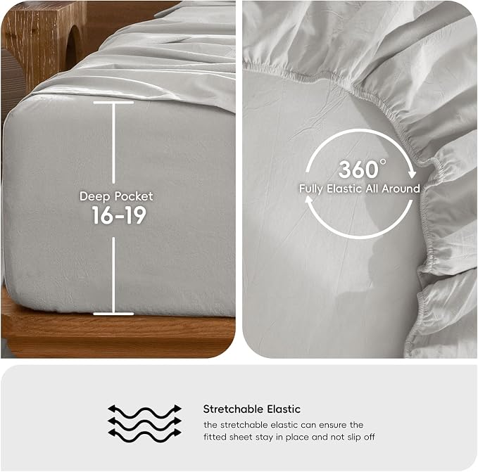 MooMee Bedding Sheet Set 100% Washed Cotton Linen Like Textured Breathable Durable Soft Comfy (Solid Light Blueish Grey, King)