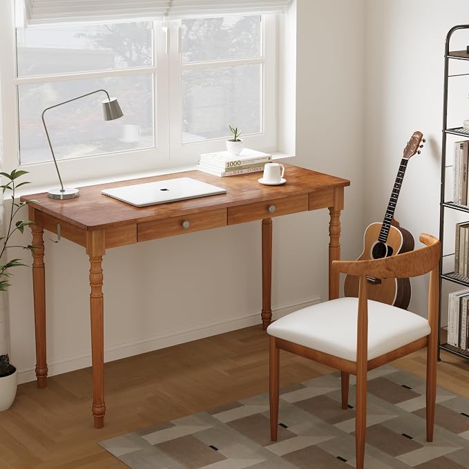 48 Inch Mid Century Modern Desk - Rubber Wood Desk with Drawers, Vintage Desks with 2 Hooks, Mid Century Desks for Bedroom, Living Room & Office, Walnut Color