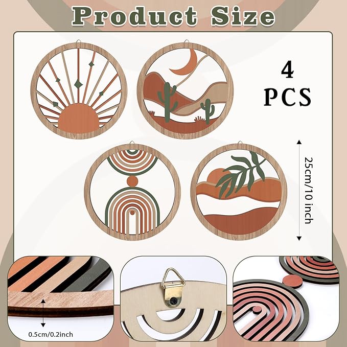 HPNIUB 4 Pcs Boho Wall Art Decor, Bohemian Geometric Hanging Wood Sign for Living Room, Aesthetic Abstract Desert Cactus, Minimalist Farmhouse Botanical Wooden Plaque for Apartment Bedroom(10''x10'')