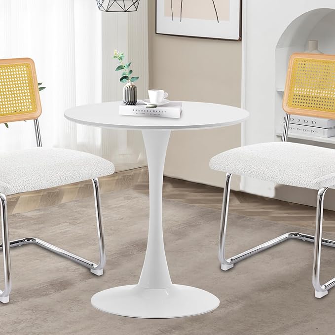 White Round Dining Table, 27.6" Tulip Table Kitchen Round Dining Table for 1-2 People with MDF Table Top and Metal Pedestal Base, Mid-Century Leisure Table for Home, Dining Room, Cafe