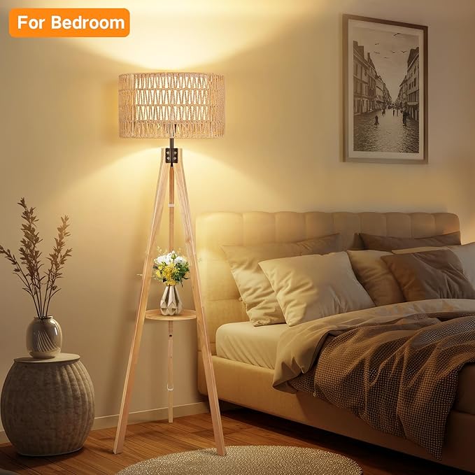 OUTON Boho Rattan Tripod Floor Lamp with Shelves, Remote Control, Dimmable Mid Century Modern Standing Lamp 58.5" for Bedroom, Living Room & Office, Lamp Shade Includes E26 9W Bulb, Wood