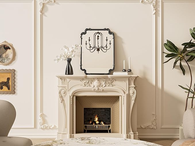 TETOTE Vintage Baroque Black Rectangle Mirror for Wall 22 x 30 Antique Scroll Rounded Corner Frame French Mantle Mirror for Fireplace Bathroom Living Room Bedroom Decor, Horizontal/Vertical