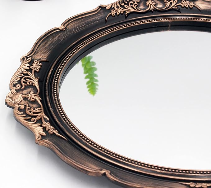 Eaoundm 13.1 x 14.8 inchs Plastic Frame Decorative Wall Mirror,Vintage Hanging Mirrors for Bedroom Living-Room Dresser Decor Oval (Vintage Gold Bronze)