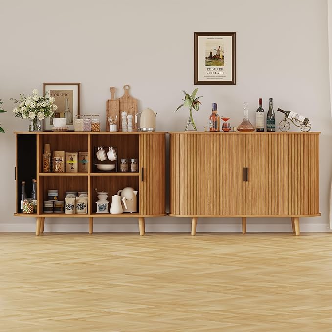 Fluted Sideboard Buffet Cabinet with Sliding Doors, Curved Edge Design for Dining Room Kitchen Living Room, Console Table Credenza with Storage (Natural)