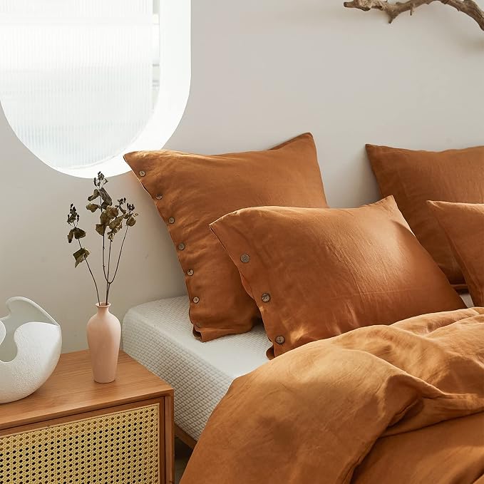 Simple&Opulence 100% Linen Euro Shams with Coconut Button (26'' x 26'') - Pack of 2 - Washed Solid Color Natural Flax Soft Breathable - Rust