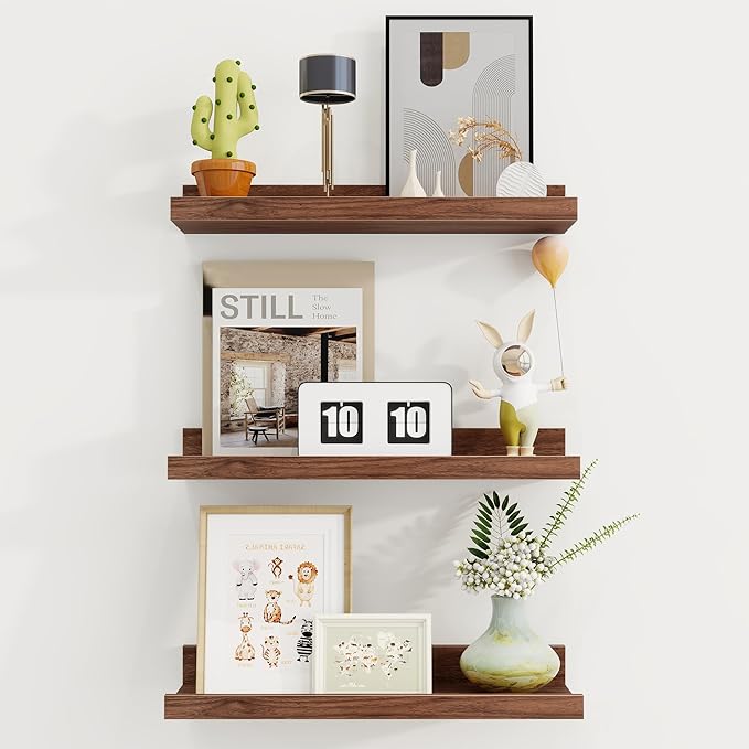 Axeman Picture Ledge Shelf | 16 Inch Walnut Floating Shelves Set of 3 | Rustic Wood Wall Shelves with Lip | 16" Walnut Picture Shelf for Wall with Ledge | Photo Shelves