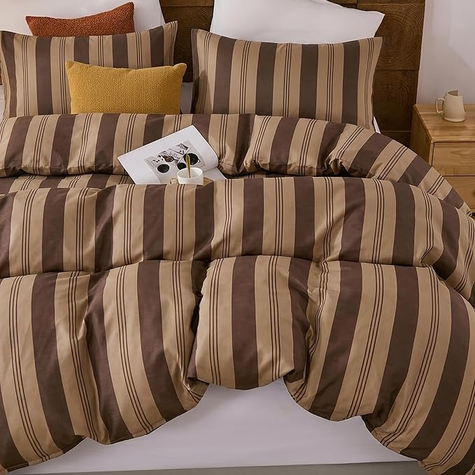Merryword Brown and Khaki Striped Duvet Cover Set King Size, 100% Cotton Bedding Set with Zipper Closure & 8 Corner Ties, Awning Stripe Bedding, Soft Breathable Comforter Cover for All Seasons