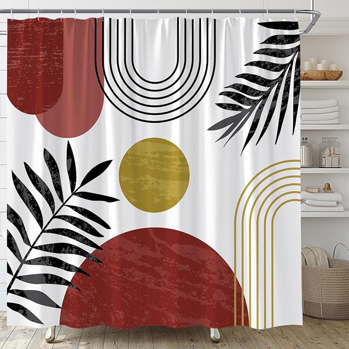 Mid Century Modern Shower Curtain Boho Red Abstract Retro Aesthetic Fabric for Bathroom Decor Bathtub with Hooks (70" WX78 H)