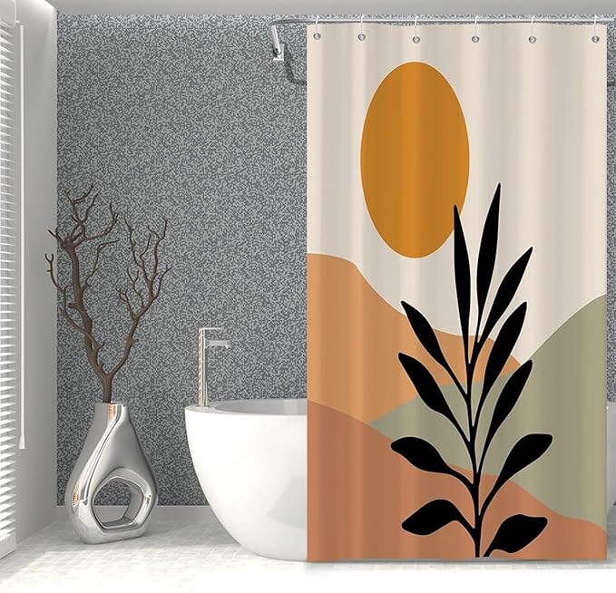 Bohemian Bathroom Shower Curtain Orange Sun Eucalyptus Leaves Abstract Mountain Boho Theme Bath Curtain with Hooks Waterproof Fabric Polyester Shower Curtain Modern Home Decor, 36x72 Inch