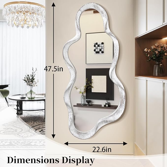 Large Asymmetrical Wall Mirror Irregular Wood Frame Modern Unique Wall-Mounted Artistic Wavy Mirror Decor Bathroom Vanity Bedroom Living Room Entryway Hallway 47" x 22" Natural