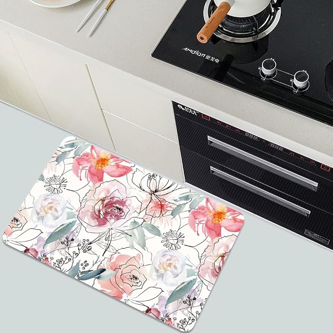 Bath Mat Rug,Pink Watercolor Peonies Non Slip Quick Dry Super Absorbent Thin Bathroom Rugs Fit Under Door-Easy to Clean Bathroom Floor Mats-Shower Rug for Shower Sink Bathtub(16" x 24"in)