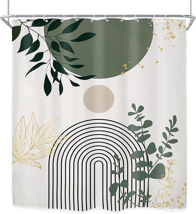 Riyidecor Extra Long Shower Curtain for Bathroom Decor 72Wx84H Sage Green Boho Mid Century Modern Abstract Gold Leaves Minimalist Geometric Art Printed Fabric Polyester Waterproof 12 Pack Plastic Hook