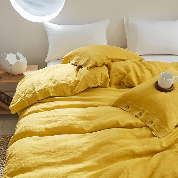 Simple&Opulence 100% Linen Duvet Cover Set 3pcs with Coconut Button Closure Natural French Washed Flax Solid Color Soft Breathable Farmhouse Bedding - Mustard Yellow, King Size